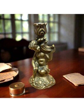 Vintage Homco Gold Resin Cherub Candle Holder 7.5" Ornate Design Decorative Acce